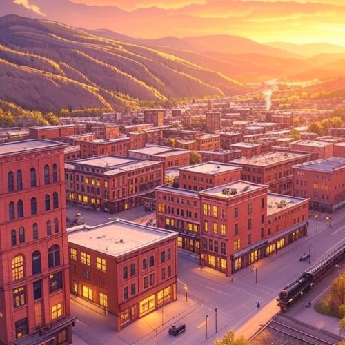 A wide-angle aerial golden hour view of Downtown Durango, Colorado, nestled in the Animas Valley at 