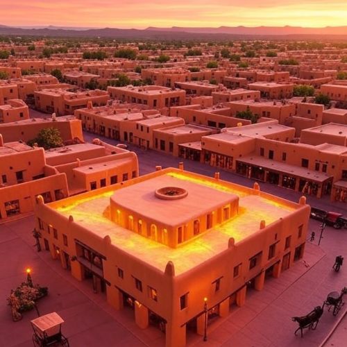 Illustrate in Jo Mora's whimsical style a wide golden hour vista of Santa Fe's historic Plaza zone, 