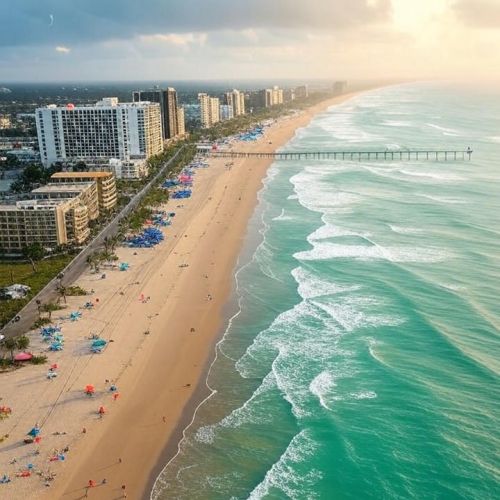 Vibrant golden hour scene of South Padre Island's central beachfront zone, a lively tourist hub on t