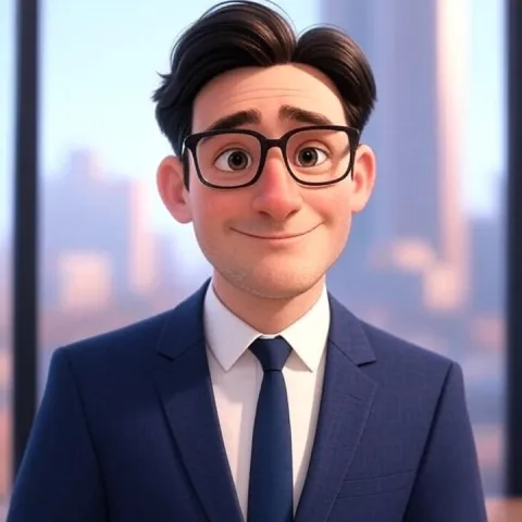 Ballad, a younger British man wearing a blue suit & glasses